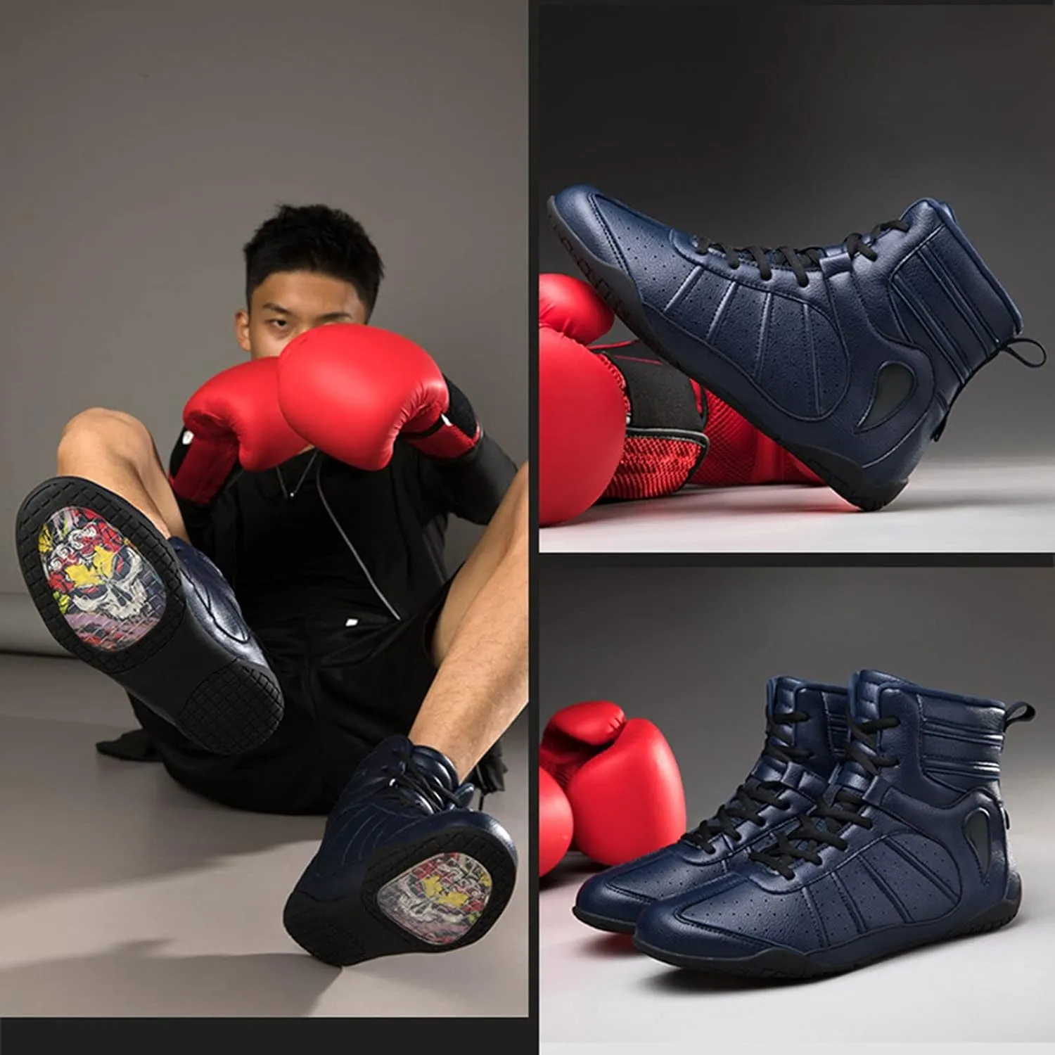 AIRFUL Men's Boxing Shoes Wrestling Shoes Kick Boxing Sparring Boxers Trainers Martial Arts Shoes Breathable Boxing Boots (Color : Black, Size : 8 Women/6.5 Men)