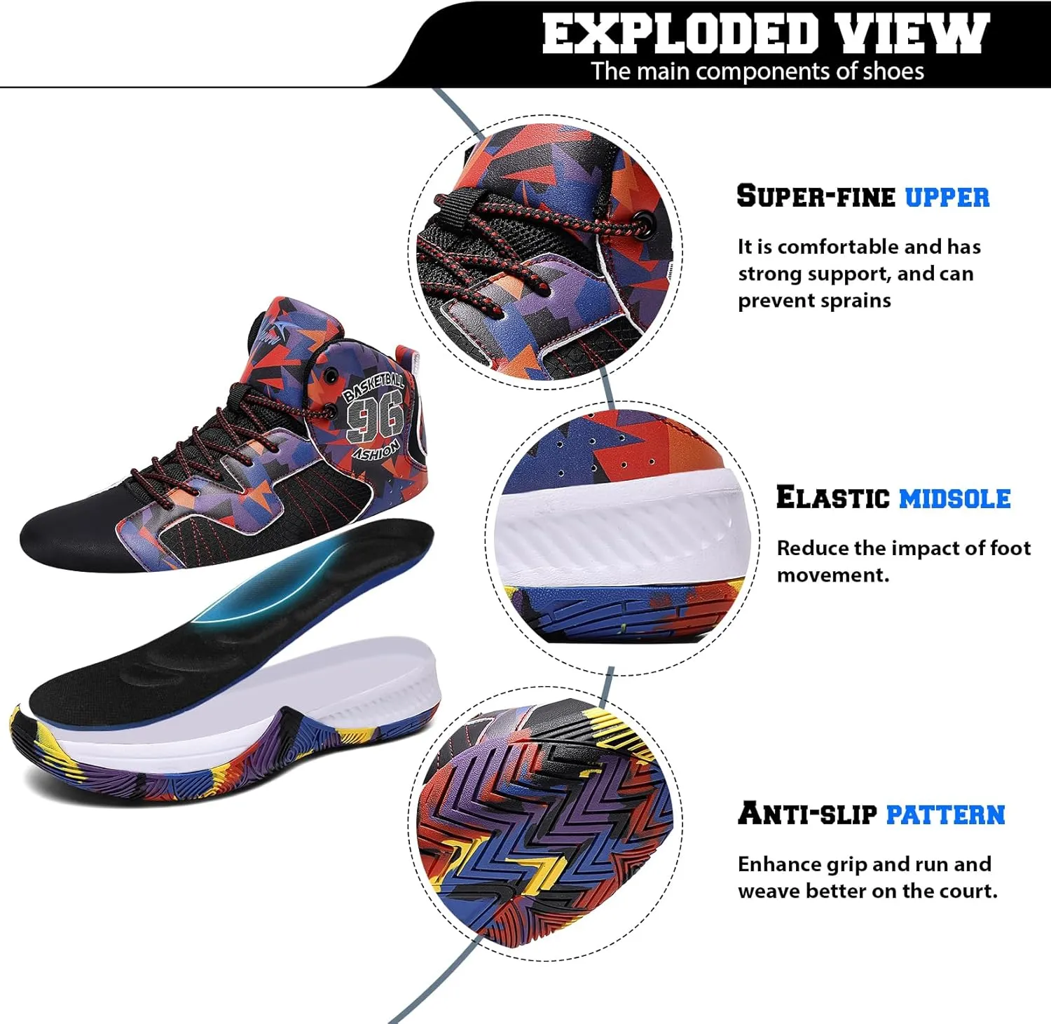ASHION Kids Basketball Shoes Boys Girls Sneakers Mid-Top Lace Up Cushion Anti Slip Athletic Outdoor Sport Shoes for Unisex-Child