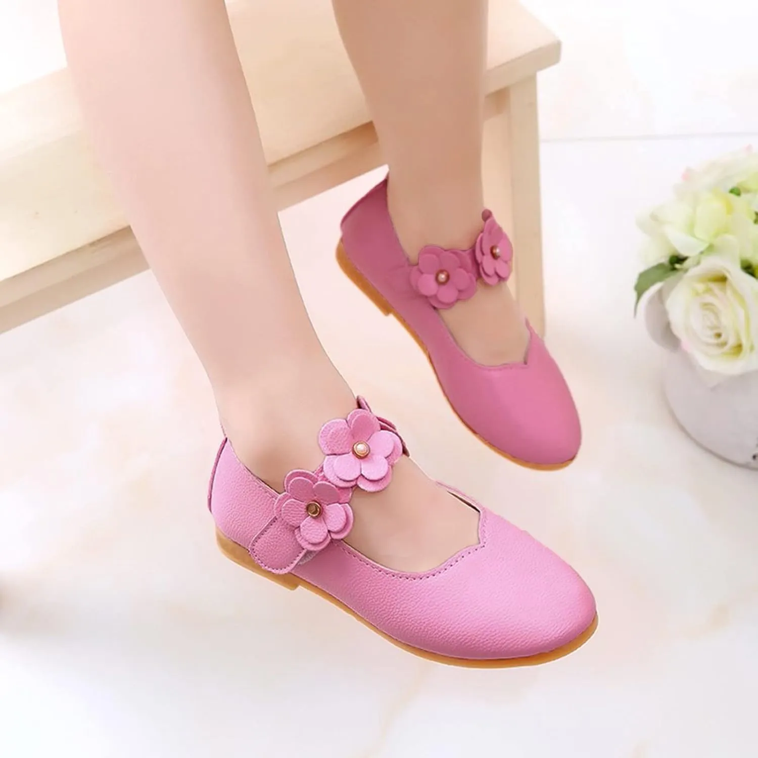 Baby Girls Dress Shoes Closed Toe Wedding Party School Ankle Strap Ballet Flats Shoes Big Kids Flower Girl Shoes