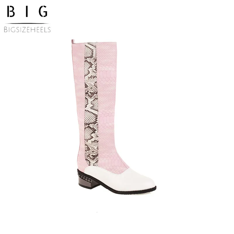 Bigsizeheels Concise snake print round toe over-the-knee boots-Pink