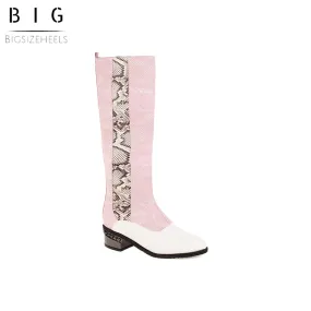 Bigsizeheels Concise snake print round toe over-the-knee boots-Pink