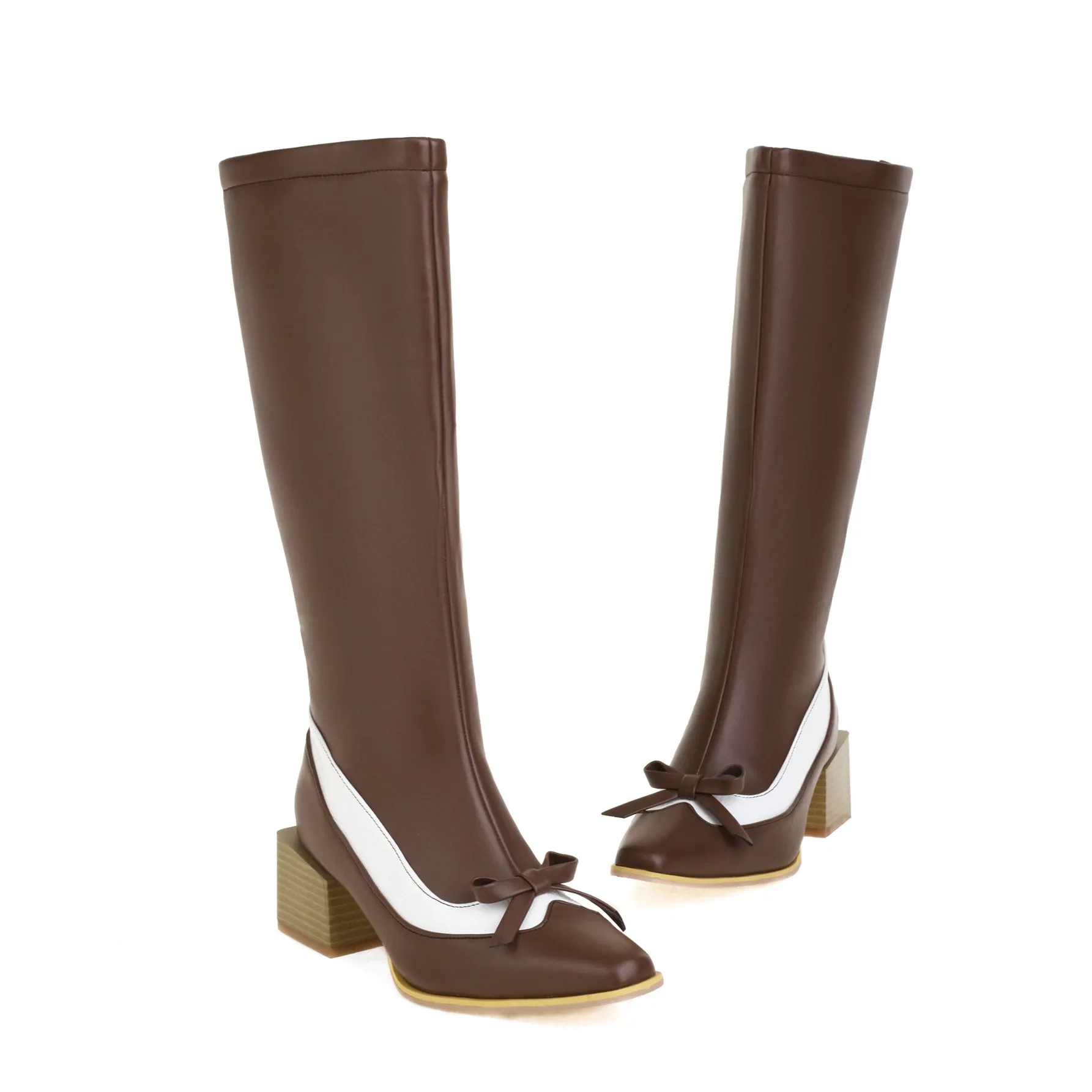 Bigsizeheels Simple Bow Pointed Over-The-Knee Boots-Dark brown