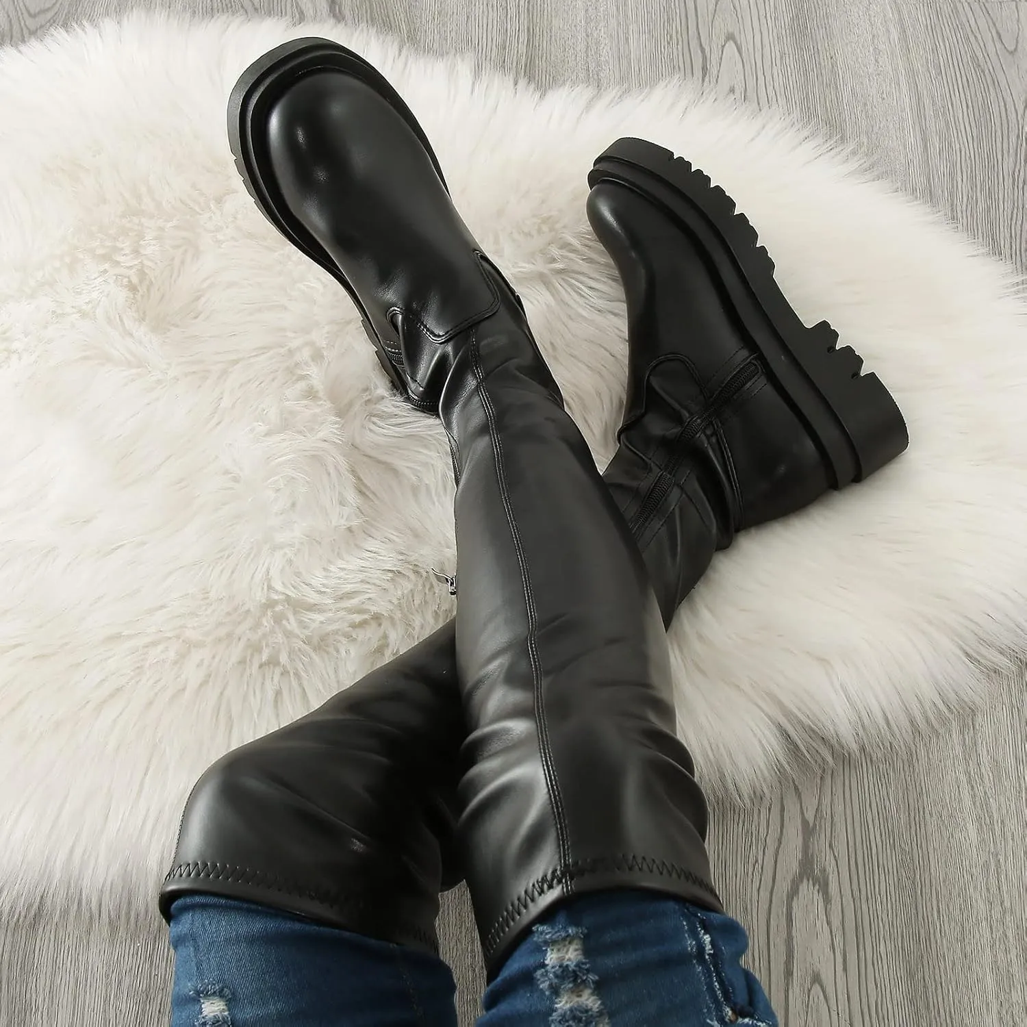 Eduavar Cowboy Boots for Women Cowboy Style, Cowgirl Boots Women Leather Thigh High Block Heel Over The Knee Round Toe Boots