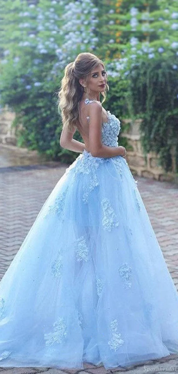 Elegant Ice Blue Fairytale Floral A-line Long Tulle Prom Party Dress, PD3095