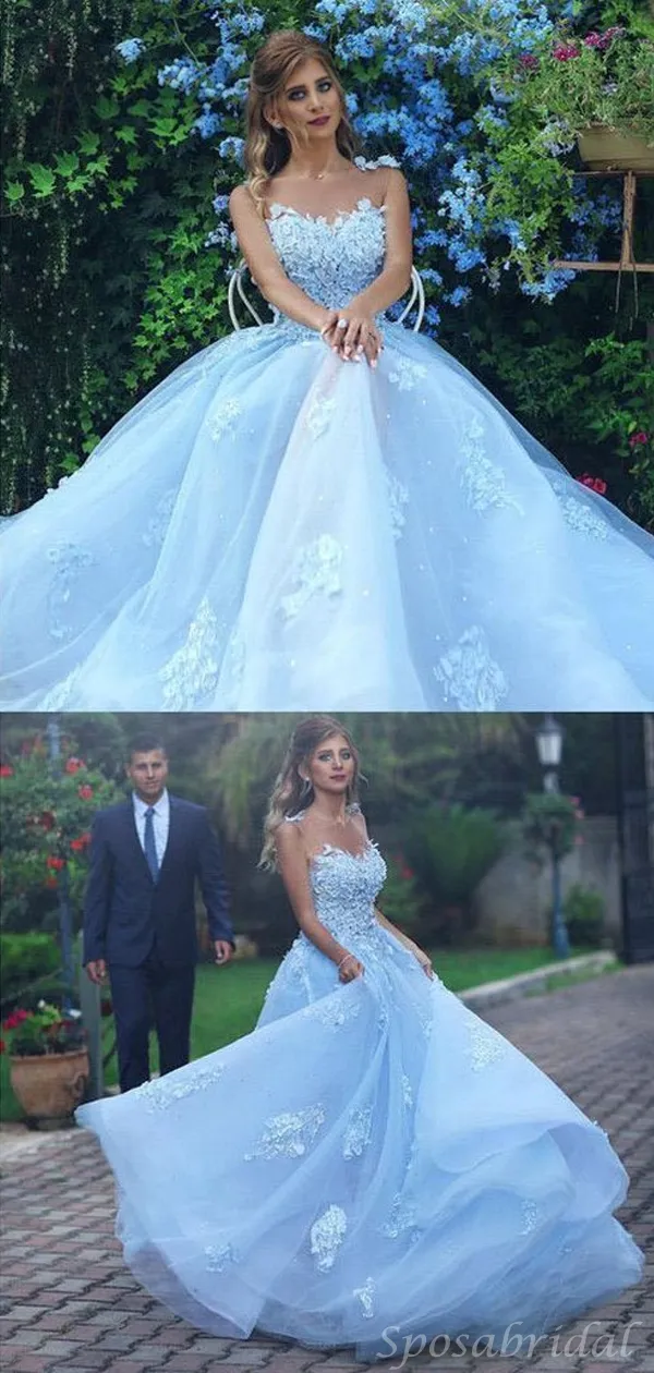 Elegant Ice Blue Fairytale Floral A-line Long Tulle Prom Party Dress, PD3095