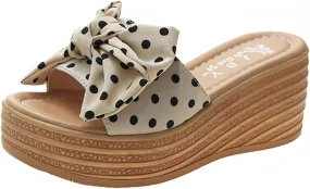 Fashion Summer Women Sandals Wedge Heel Platform Ribbon Bow Polka Dot Casual Close Toe Heels Stylish Open Espadrilles Classic Beach Slide Mules Black Shoes Studded Flat Slip on Mule Slides