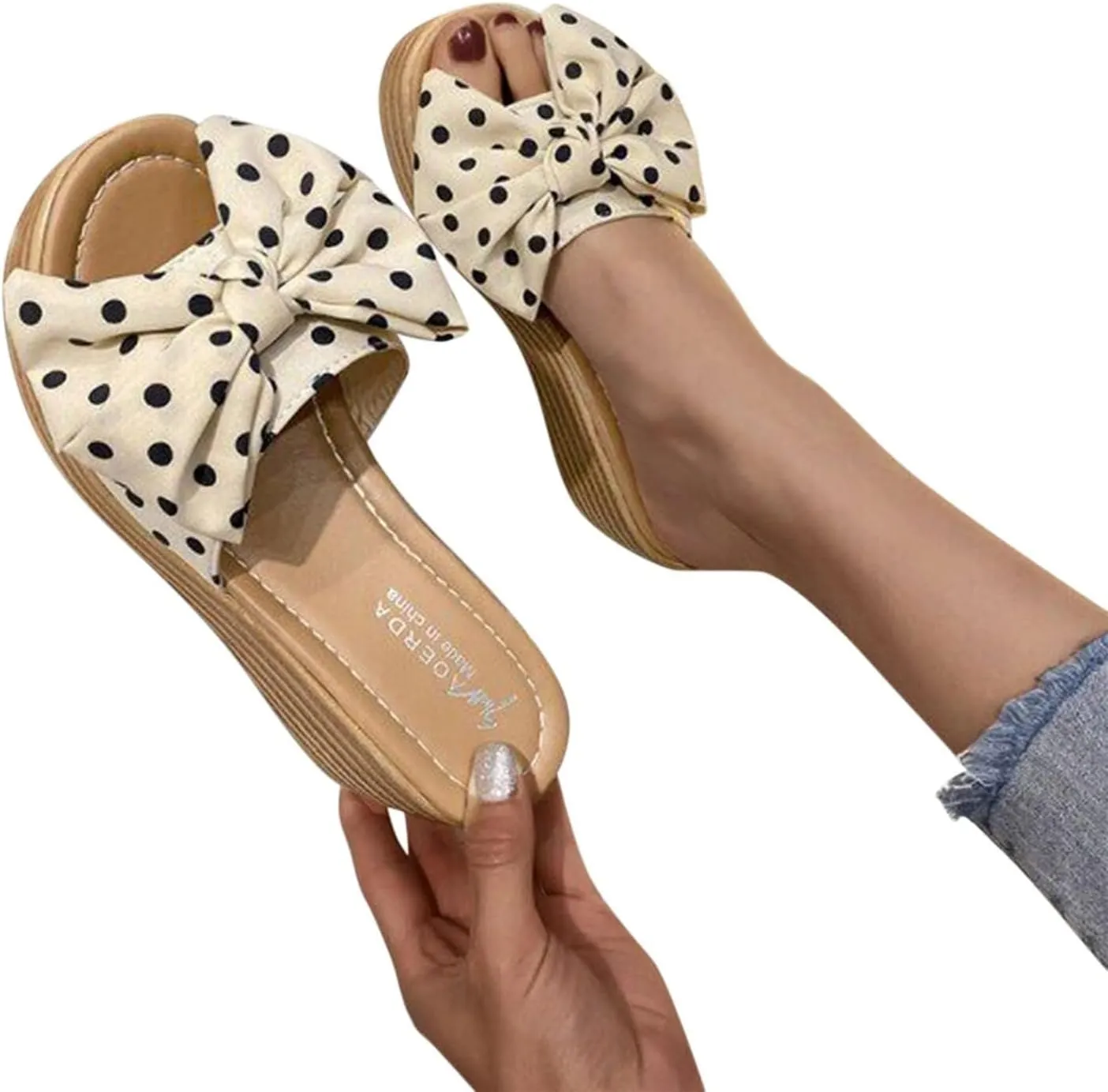 Fashion Summer Women Sandals Wedge Heel Platform Ribbon Bow Polka Dot Casual Close Toe Heels Stylish Open Espadrilles Classic Beach Slide Mules Black Shoes Studded Flat Slip on Mule Slides