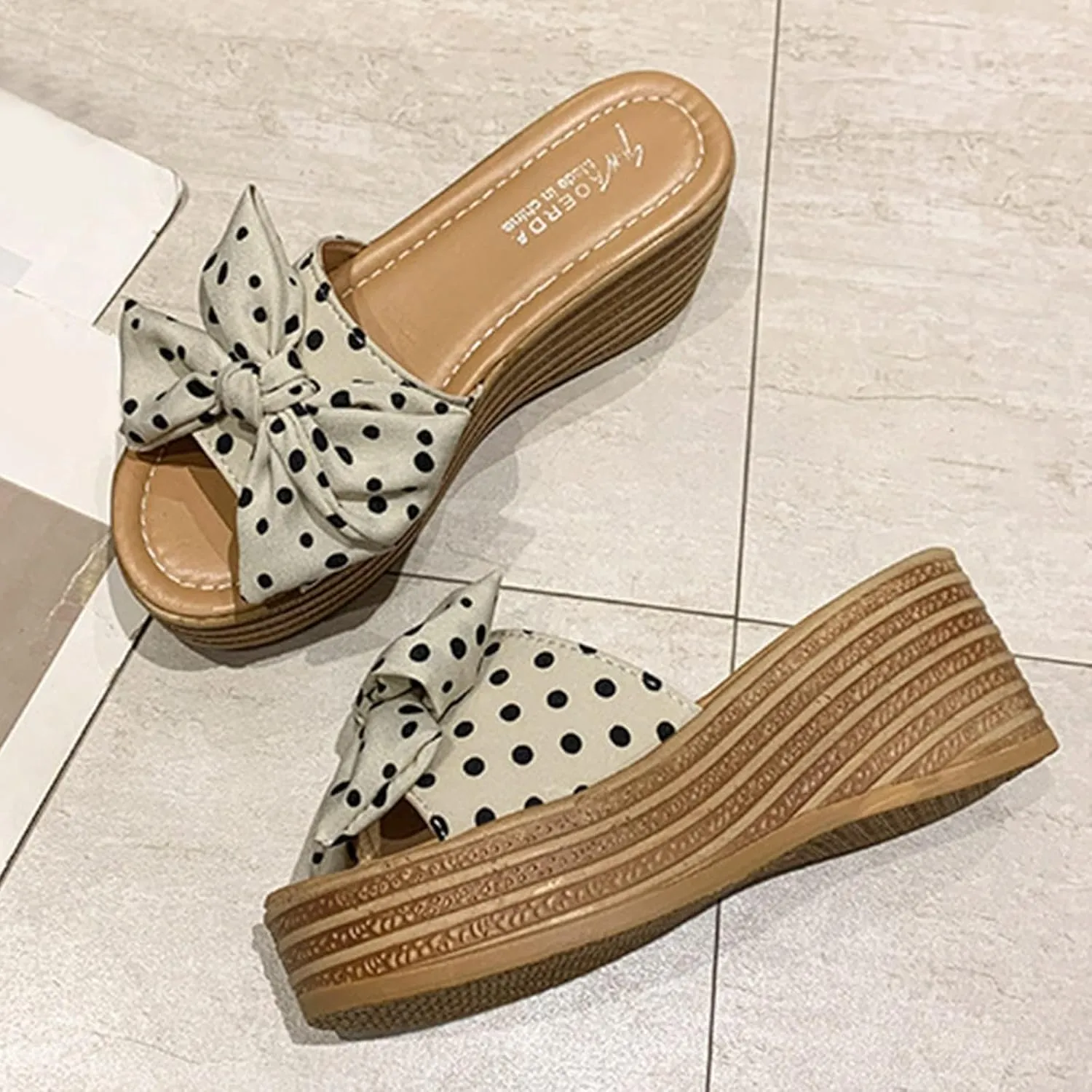Fashion Summer Women Sandals Wedge Heel Platform Ribbon Bow Polka Dot Casual Close Toe Heels Stylish Open Espadrilles Classic Beach Slide Mules Black Shoes Studded Flat Slip on Mule Slides