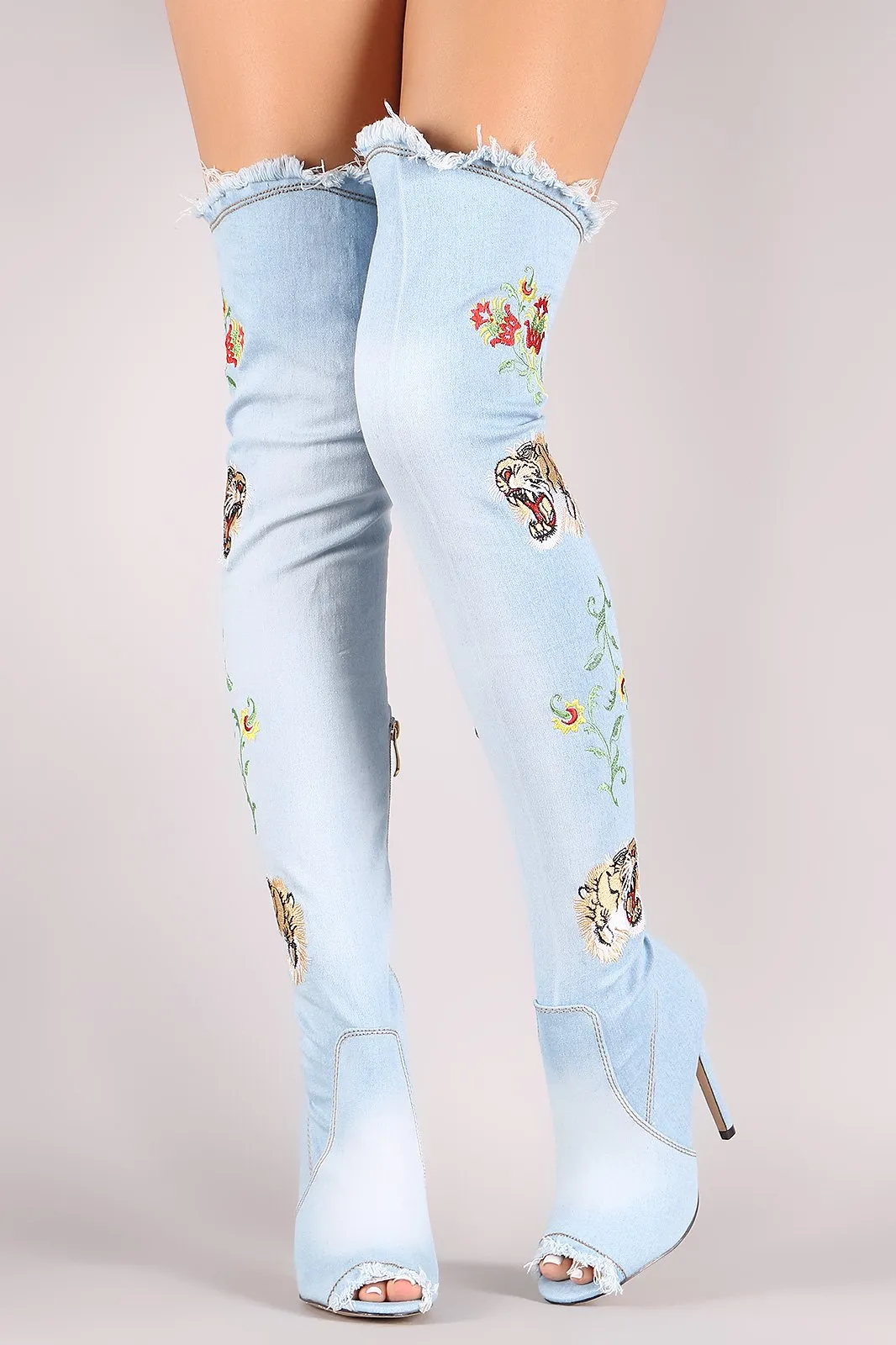 Frayed Denim Peep Toe Stiletto Over-The-Knee Boots