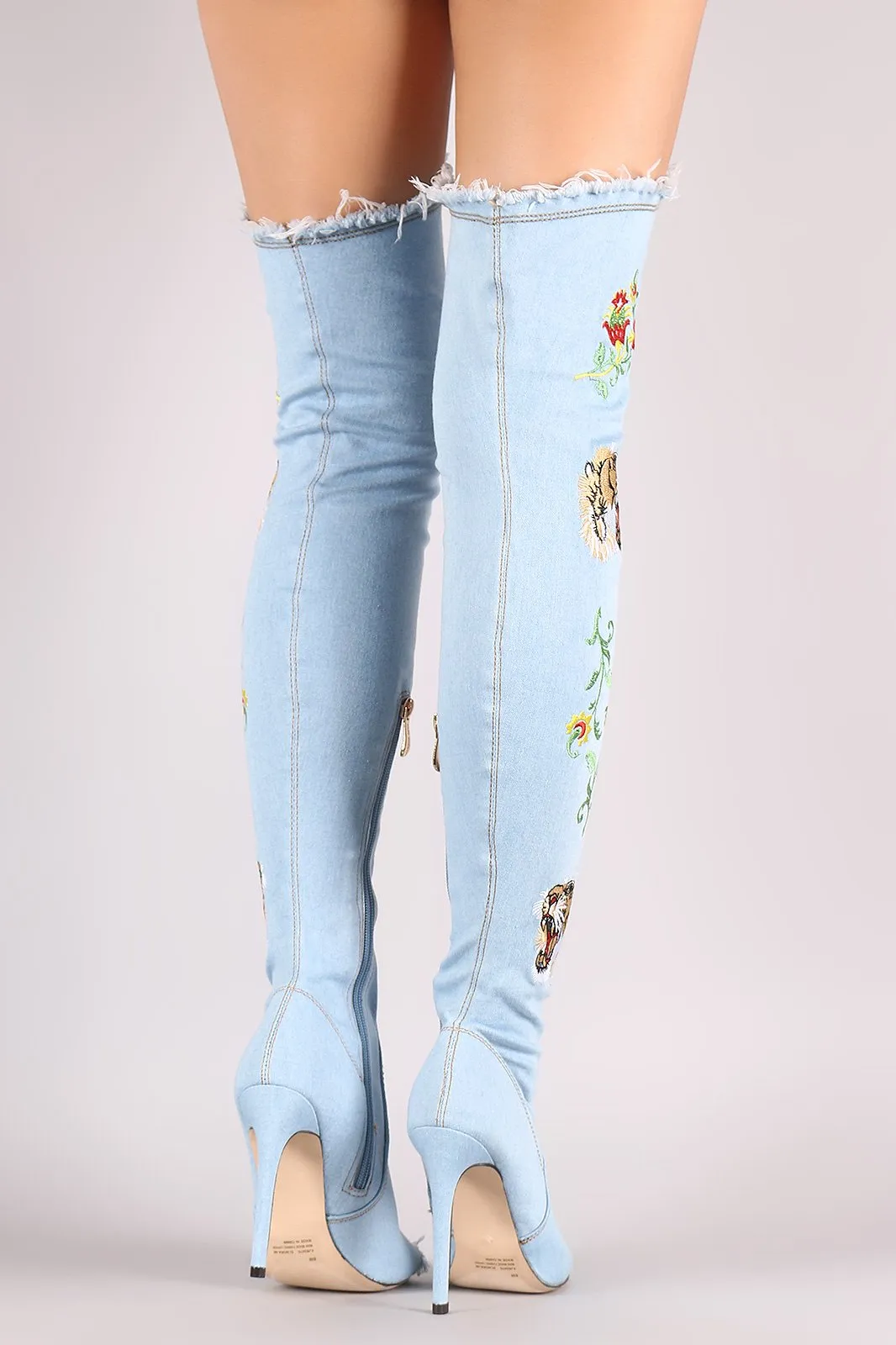 Frayed Denim Peep Toe Stiletto Over-The-Knee Boots
