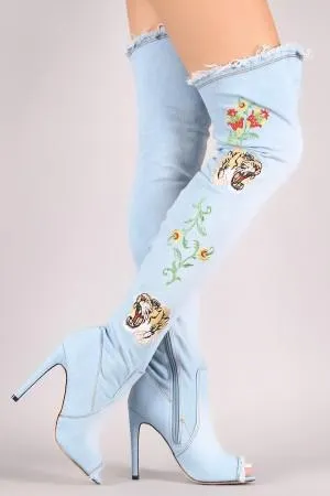 Frayed Denim Peep Toe Stiletto Over-The-Knee Boots