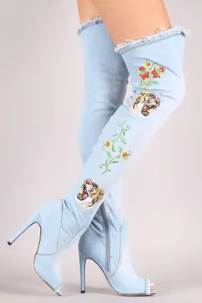 Frayed Denim Peep Toe Stiletto Over-The-Knee Boots