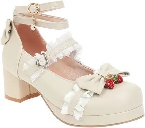 Girls Lolita Shoes Cute Bow Heels Shoes Dress Platform Strappy High Heels Kawaii Mary Janes Shoes for Girls