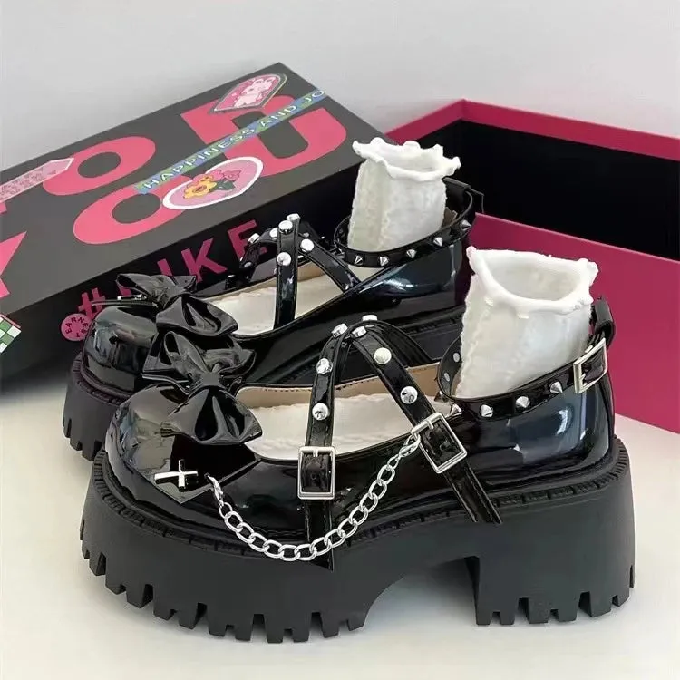 Hnzxzm Women Mary Jane Shoes Lolita Solid Color Spring 2024 Hot Sale Fashion Butterfly Knot Outdoors Thick with Non-slip Female Shoes