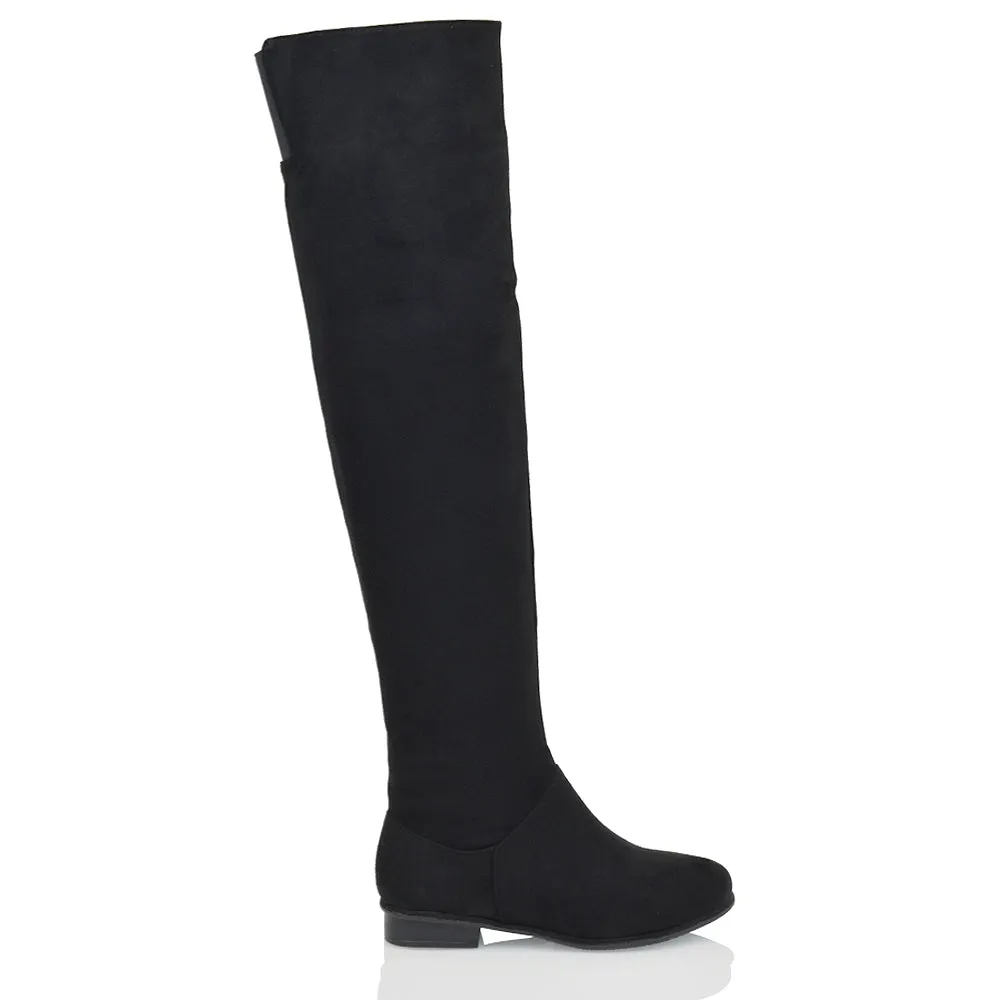 IVY FLAT LOW BLOCK HEEL THIGH HIGH OVER THE KNEE BOOTS IN BLACK FAUX SUEDE