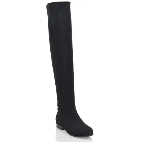 IVY FLAT LOW BLOCK HEEL THIGH HIGH OVER THE KNEE BOOTS IN BLACK FAUX SUEDE