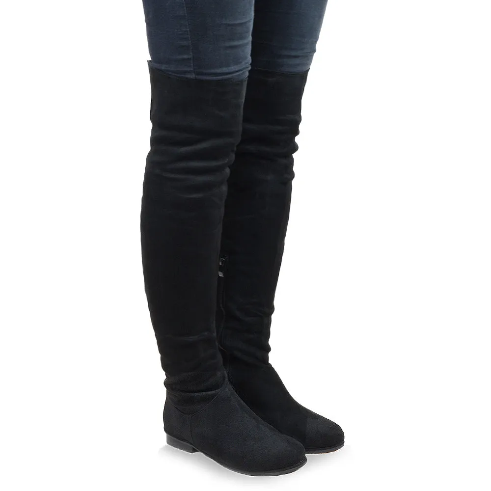 IVY FLAT LOW BLOCK HEEL THIGH HIGH OVER THE KNEE BOOTS IN BLACK FAUX SUEDE
