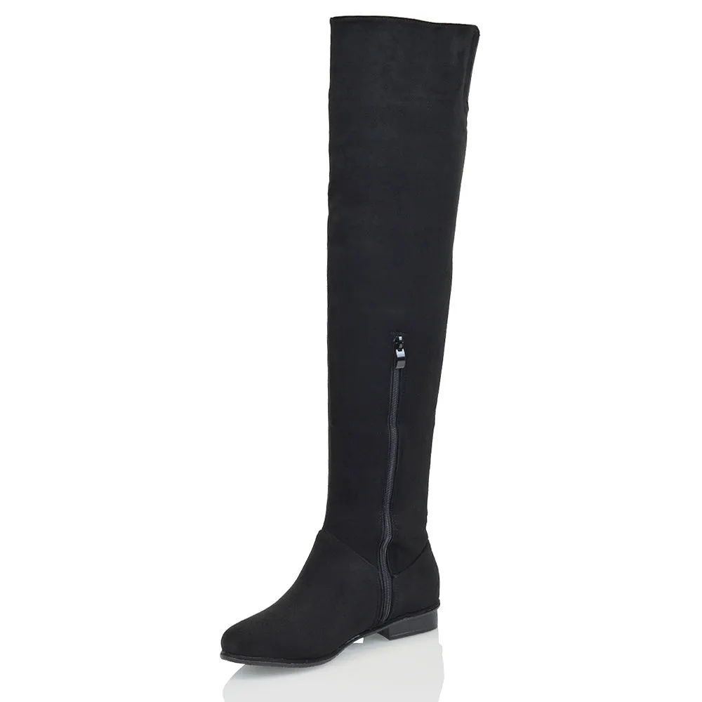 IVY FLAT LOW BLOCK HEEL THIGH HIGH OVER THE KNEE BOOTS IN BLACK FAUX SUEDE