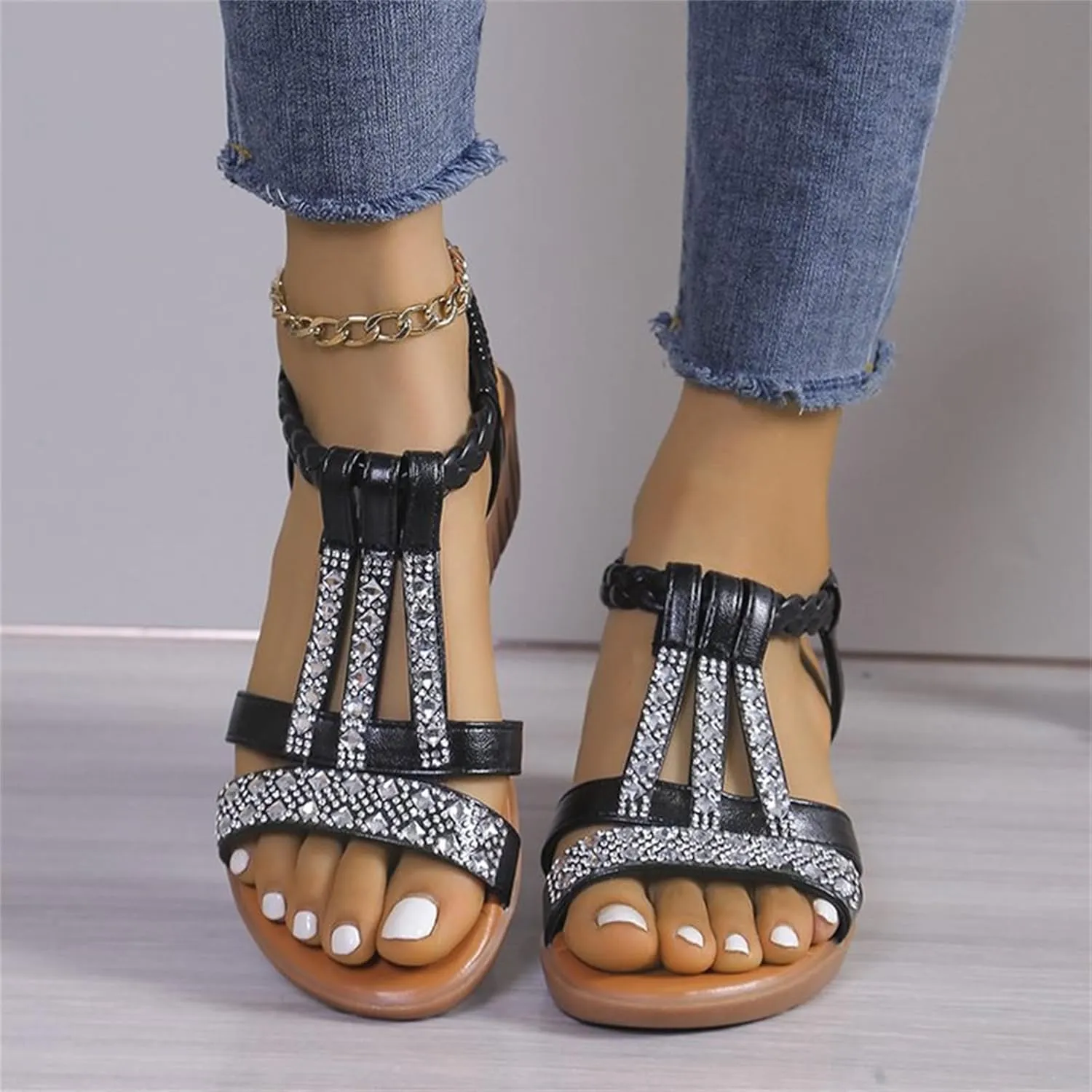 Low Wedge Sandals for Women Bohemia Beach Shoes Elastic Ankle Strap with Arch Support Slip On Open Toe Rhinestone Comfortable Shoe Comfortable Sandal T-Strap Beaded Dressy Flat