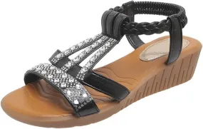 Low Wedge Sandals for Women Bohemia Beach Shoes Elastic Ankle Strap with Arch Support Slip On Open Toe Rhinestone Comfortable Shoe Comfortable Sandal T-Strap Beaded Dressy Flat