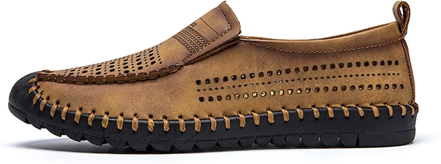 Men's Breathable Walking Shoes Comfortable Casual Leather Shoes Lightweight Loafers Retro Business Office Shoes Hollowed Out Leather Casual Shoes Outdoor Hiking Driving Shoes