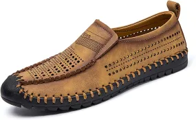 Men's Breathable Walking Shoes Comfortable Casual Leather Shoes Lightweight Loafers Retro Business Office Shoes Hollowed Out Leather Casual Shoes Outdoor Hiking Driving Shoes