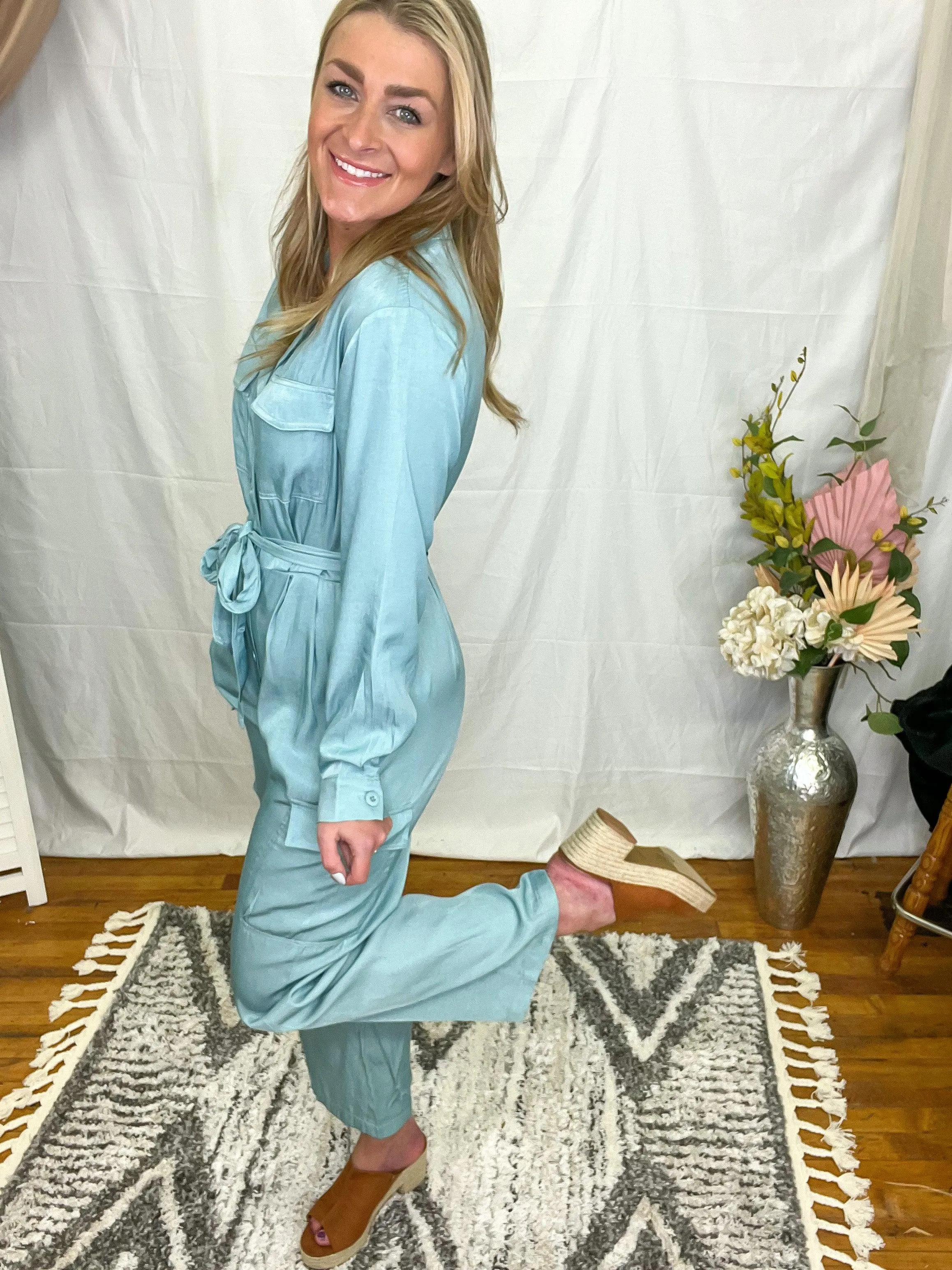 Mint Long Sleeve Waist Tie Jumpsuit