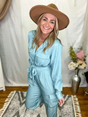 Mint Long Sleeve Waist Tie Jumpsuit
