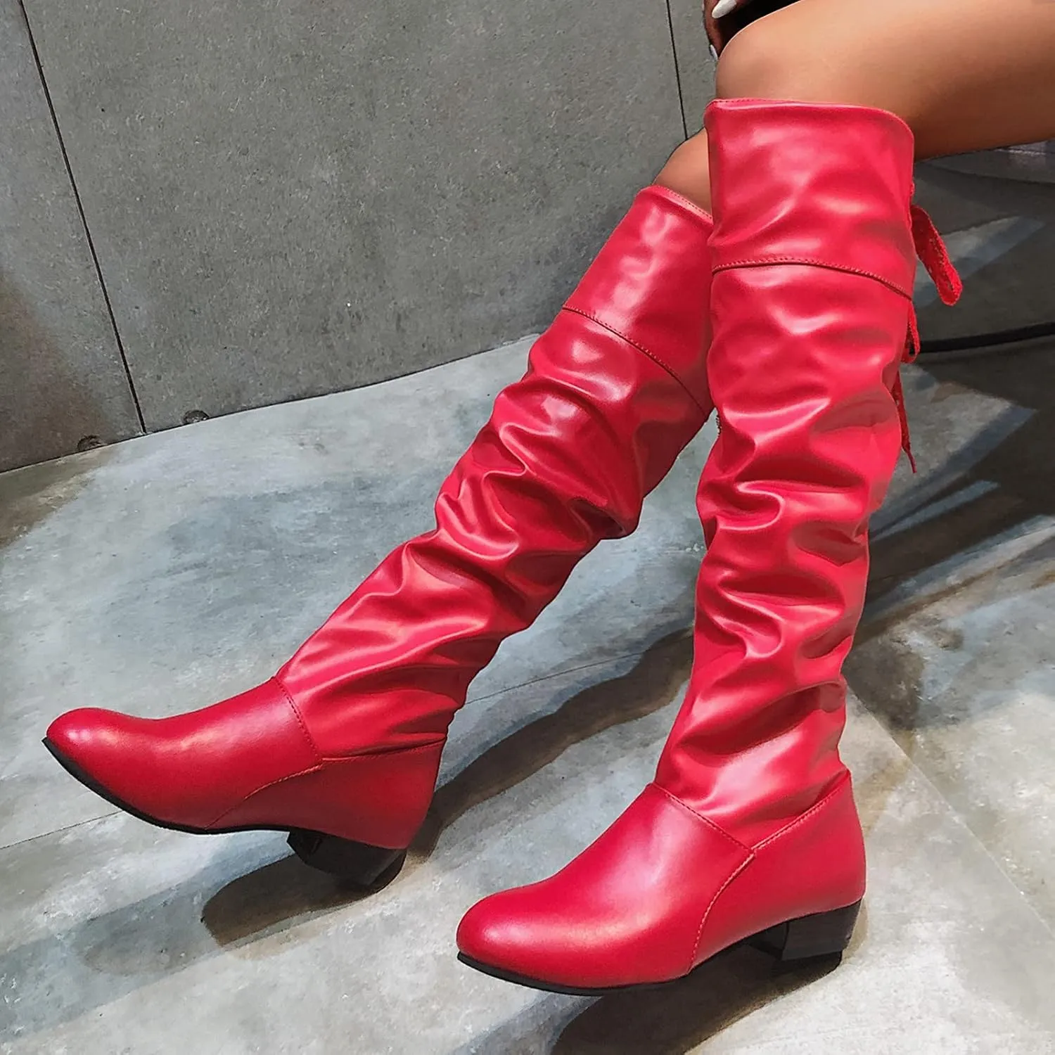 peqiut Women's Knee High Boots Leather Lace Up Side Zip Platform Boots for Women Peated Wide Calf Cowboy Boots