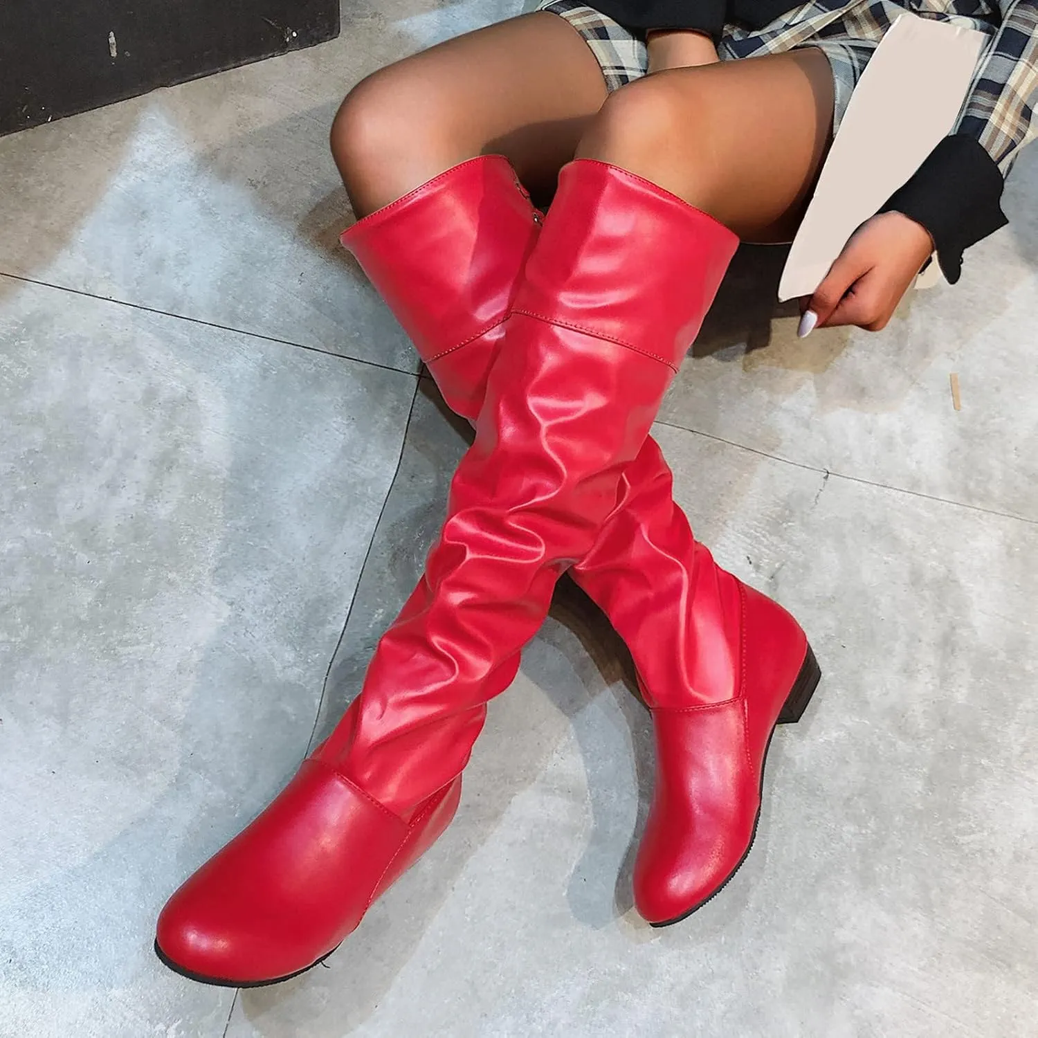 peqiut Women's Knee High Boots Leather Lace Up Side Zip Platform Boots for Women Peated Wide Calf Cowboy Boots