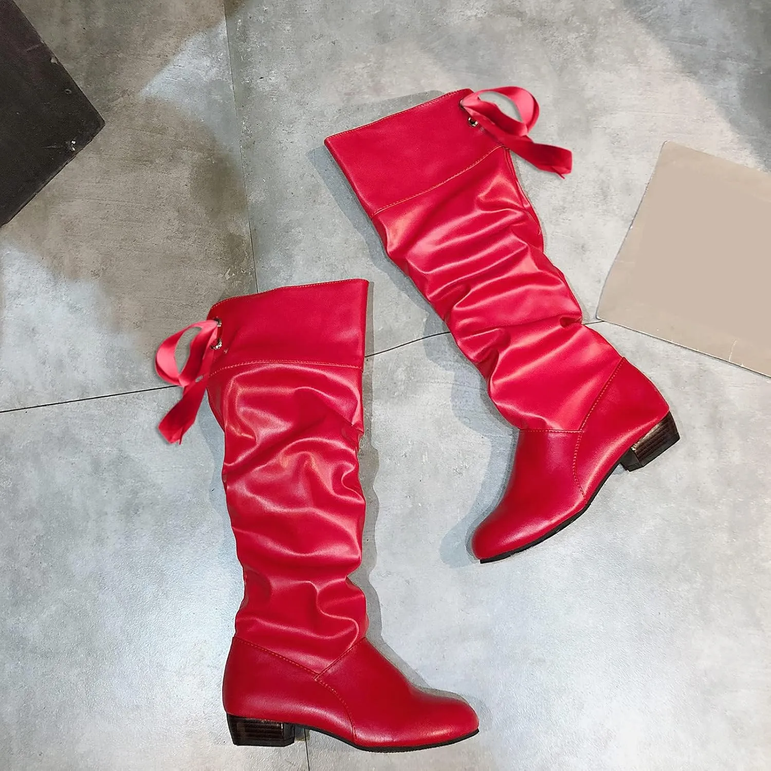 peqiut Women's Knee High Boots Leather Lace Up Side Zip Platform Boots for Women Peated Wide Calf Cowboy Boots