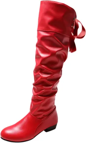 peqiut Women's Knee High Boots Leather Lace Up Side Zip Platform Boots for Women Peated Wide Calf Cowboy Boots