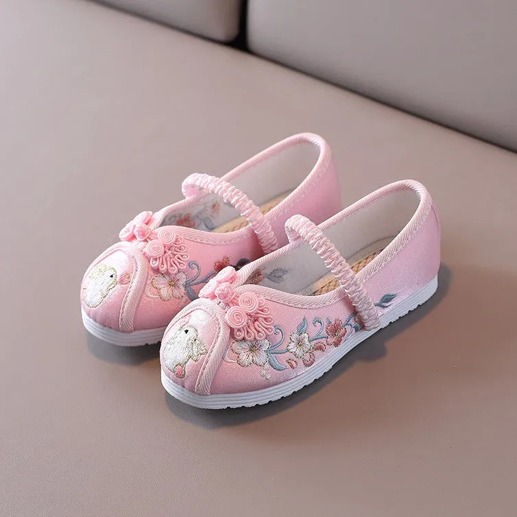 Rabbit & Floral Embroidery Traditional Girls' Chinese Shoes Dancing Shoes