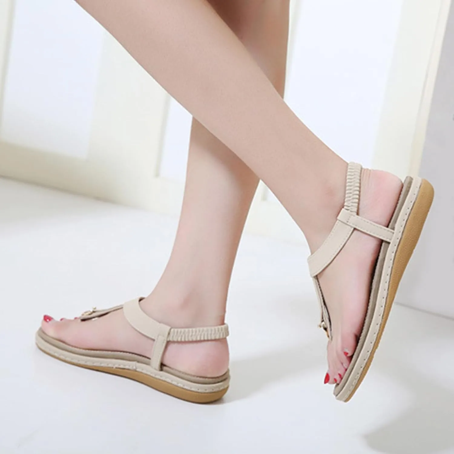 Sandals for Women Arch Support Open Toe Soft Beach Slip-On Wedge Platform with Twist Knot Bow Summer Non Slip Dressy Flat 2025 Bohemian T-Strap Low Heel Slipper Flip Flop Thong