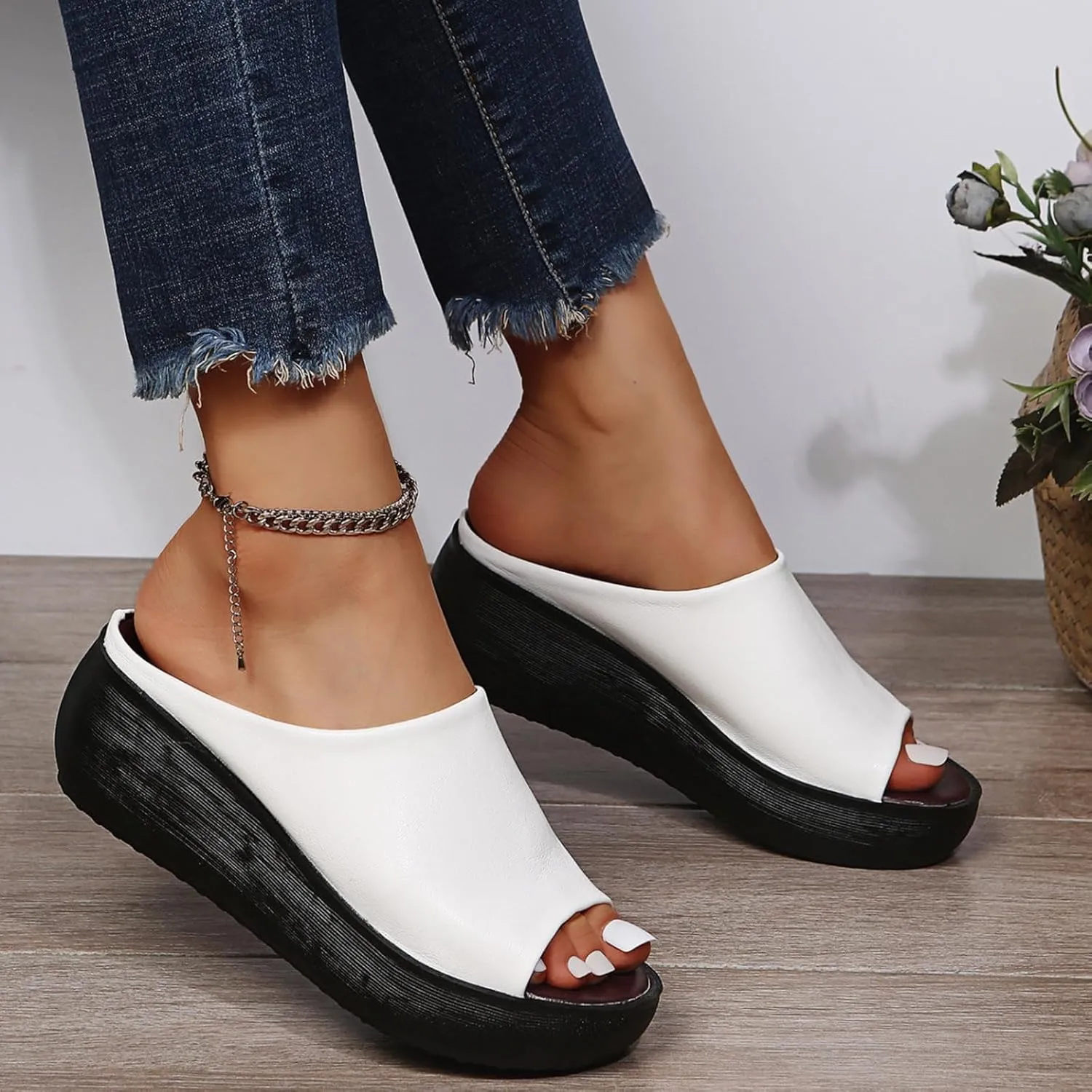 Smoneyful Womens Comfortable Soft Slip Sandals Platform Wedge High Heel Open Toe Orthopedic Orthotic Leather Arch Support 2025 Summer Casual Outdoor Dressy Slippers Sandals