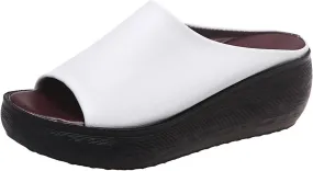 Smoneyful Womens Comfortable Soft Slip Sandals Platform Wedge High Heel Open Toe Orthopedic Orthotic Leather Arch Support 2025 Summer Casual Outdoor Dressy Slippers Sandals