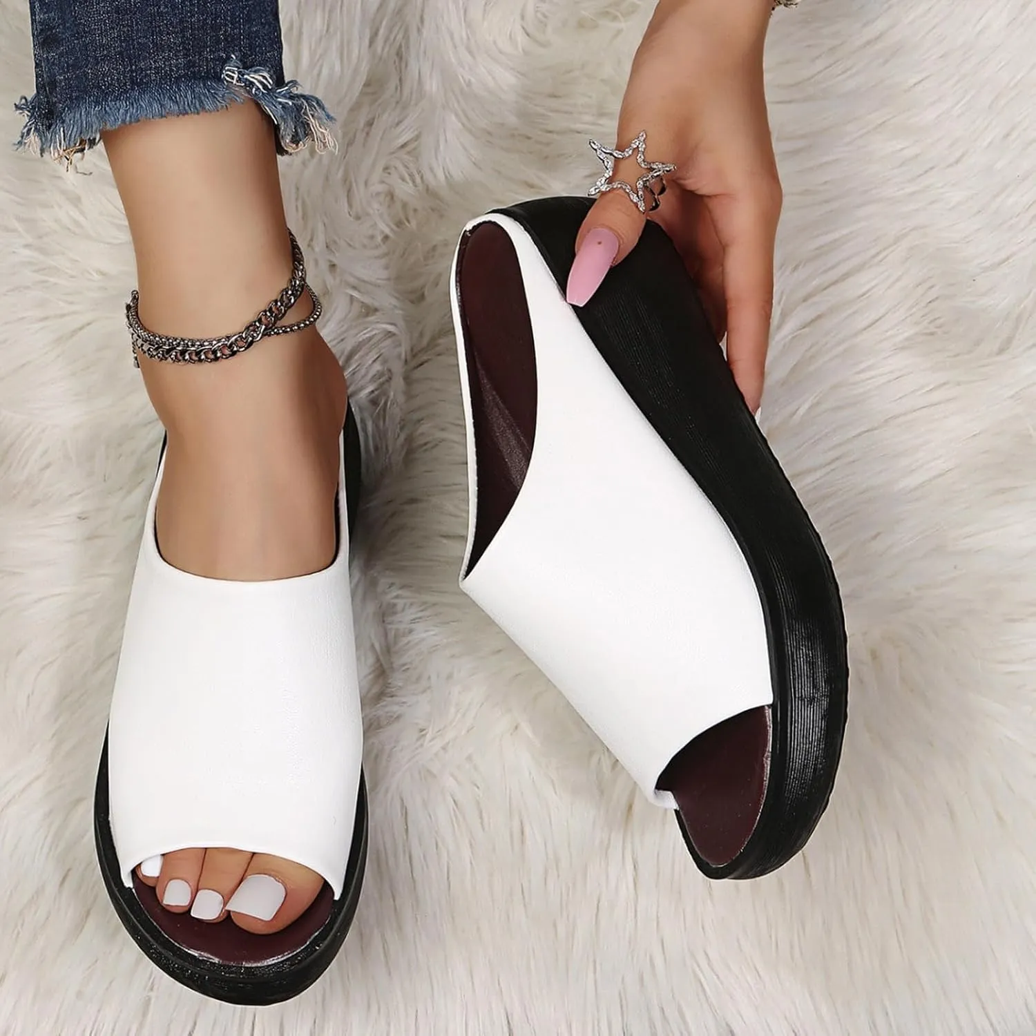 Smoneyful Womens Comfortable Soft Slip Sandals Platform Wedge High Heel Open Toe Orthopedic Orthotic Leather Arch Support 2025 Summer Casual Outdoor Dressy Slippers Sandals