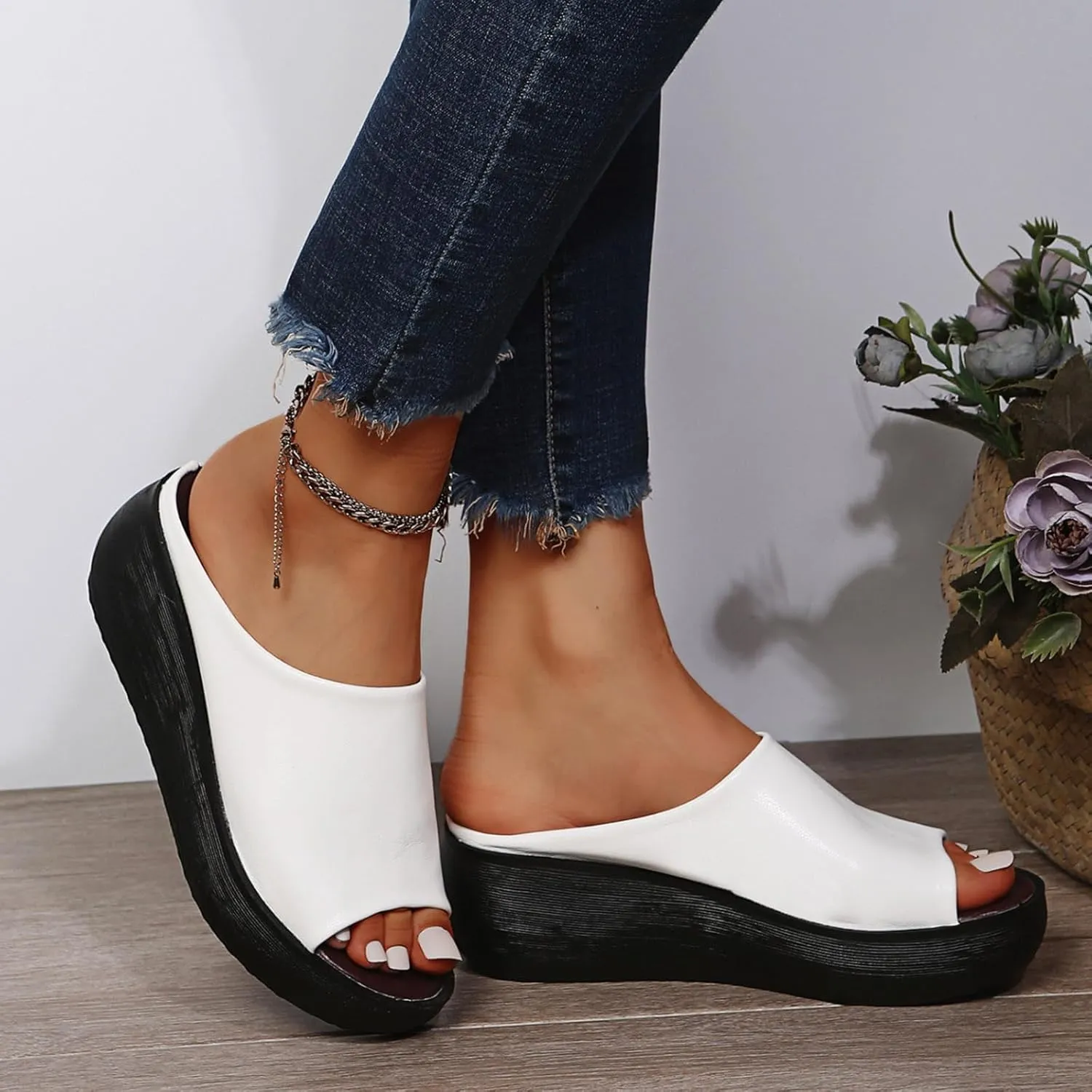 Smoneyful Womens Comfortable Soft Slip Sandals Platform Wedge High Heel Open Toe Orthopedic Orthotic Leather Arch Support 2025 Summer Casual Outdoor Dressy Slippers Sandals