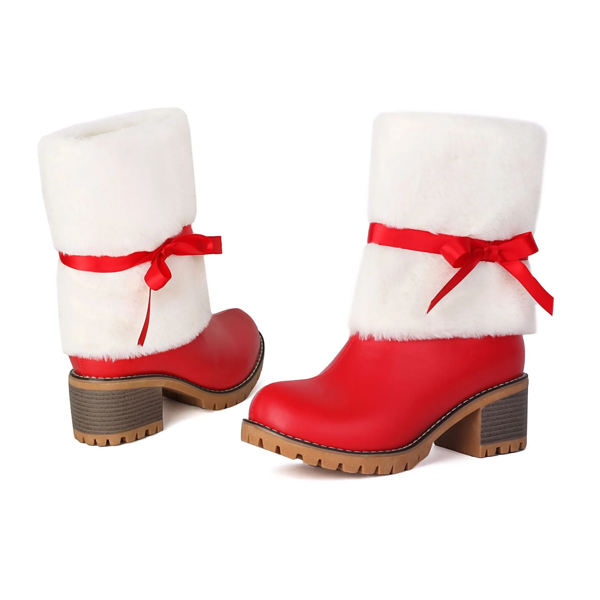 Tillbuy Christmas Plush Bow Snow Boots