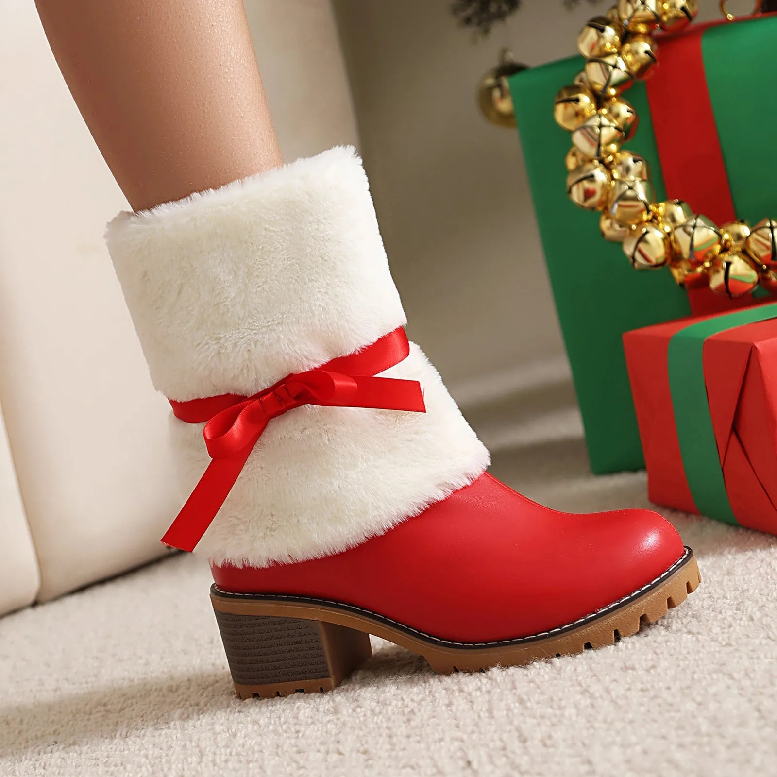 Tillbuy Christmas Plush Bow Snow Boots