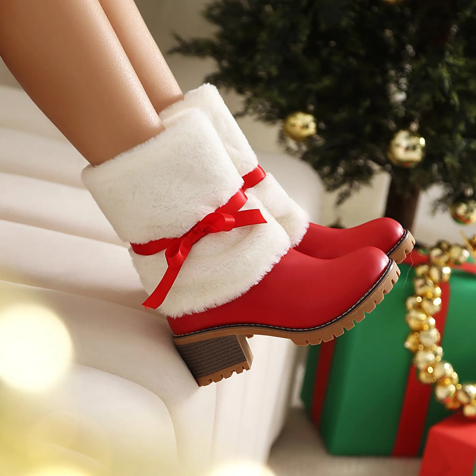 Tillbuy Christmas Plush Bow Snow Boots