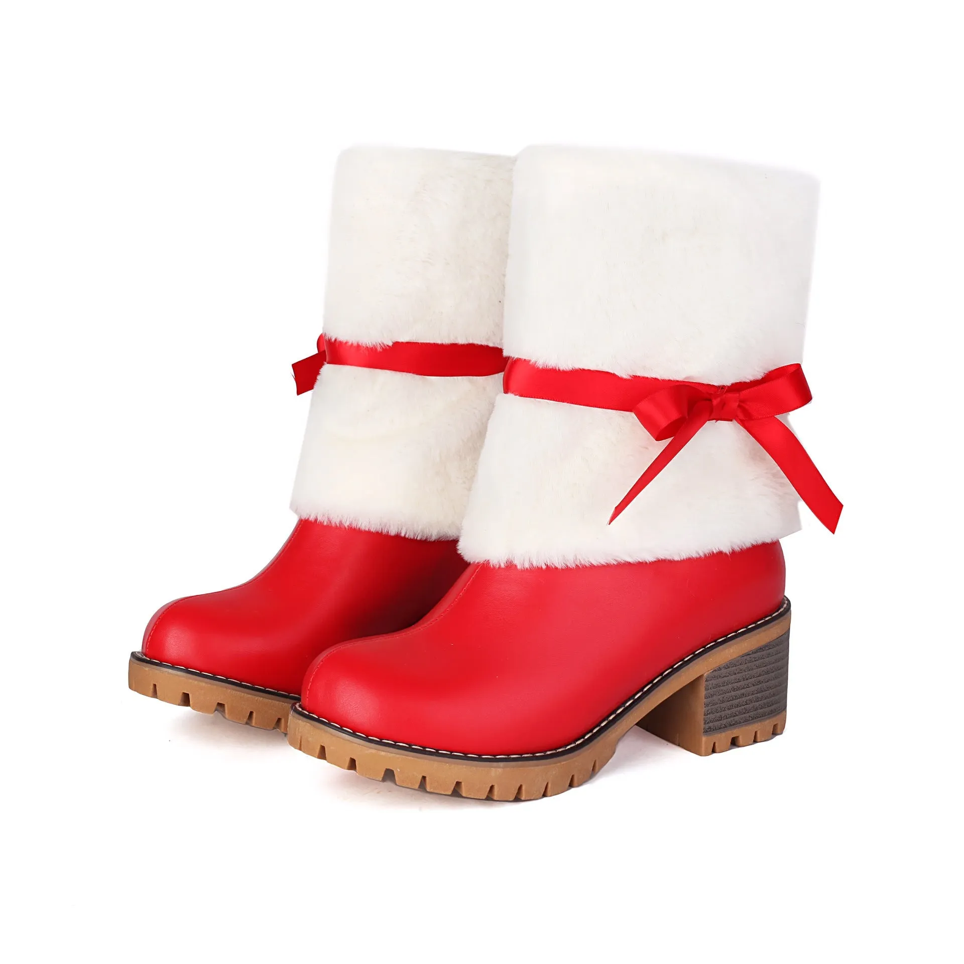 Tillbuy Christmas Plush Bow Snow Boots