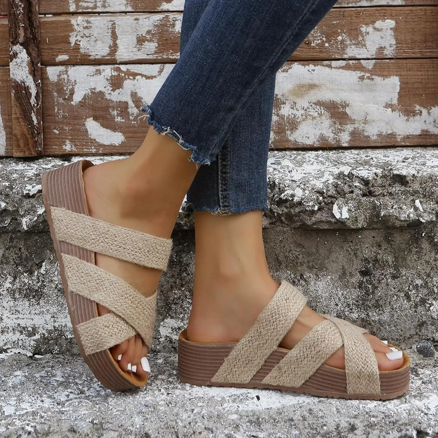 Wedge Sandals for Women Open Toe Flat Sandals with Arch Support Plus Size Cross Platform Slippers Non-Slip Summer Beach Vacation Shoes