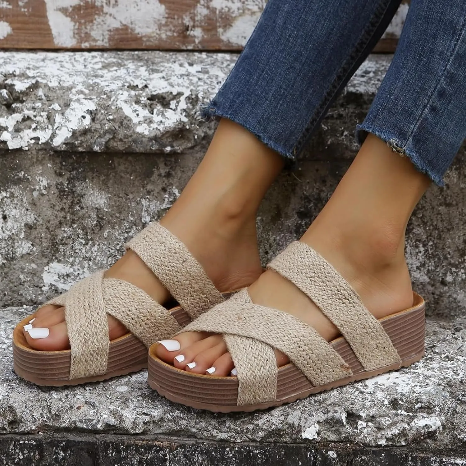 Wedge Sandals for Women Open Toe Flat Sandals with Arch Support Plus Size Cross Platform Slippers Non-Slip Summer Beach Vacation Shoes