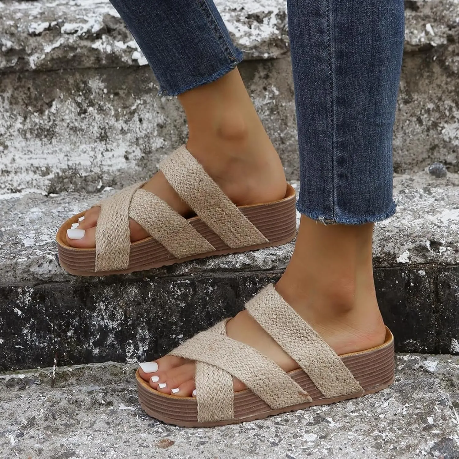 Wedge Sandals for Women Open Toe Flat Sandals with Arch Support Plus Size Cross Platform Slippers Non-Slip Summer Beach Vacation Shoes
