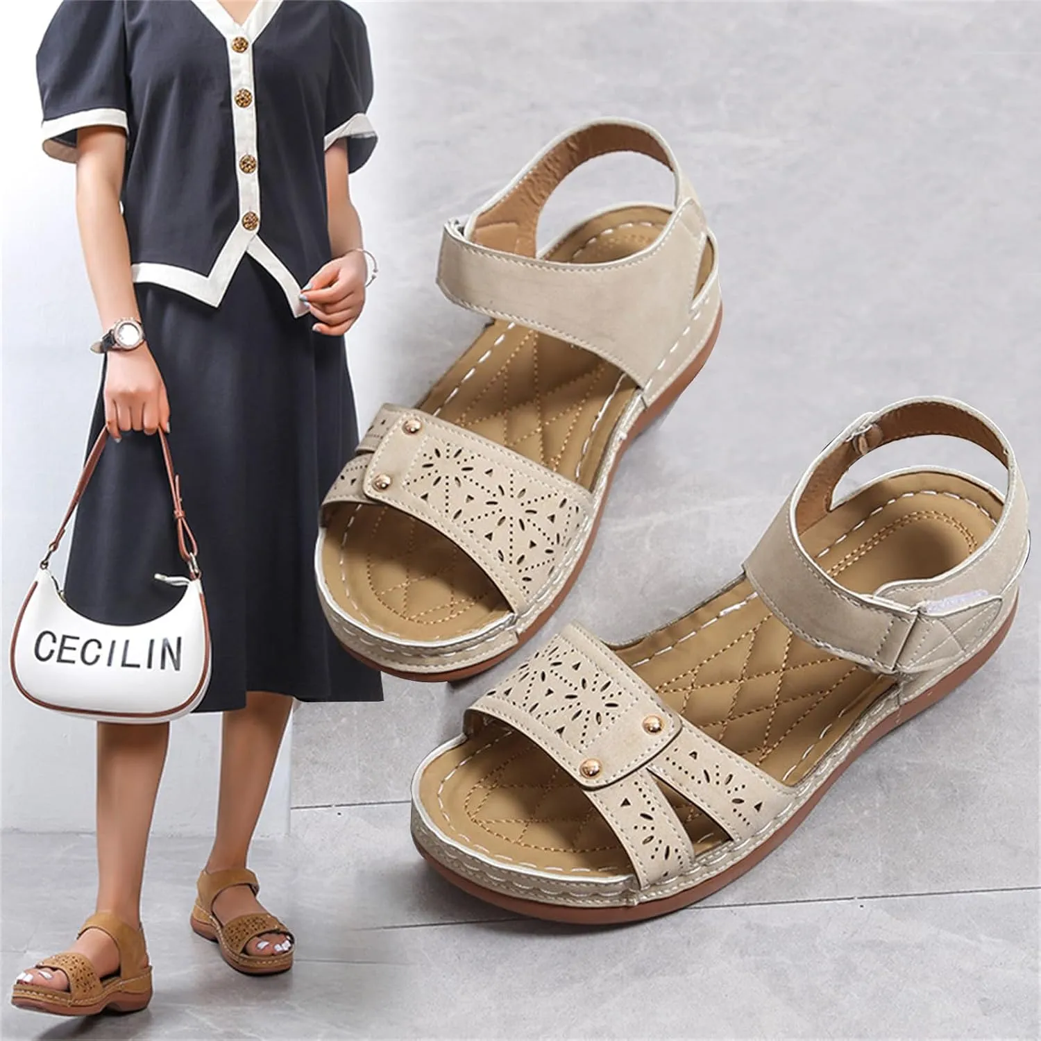 Women Comfortable Sandals Orthotic Walking Non Slip Sandals Breathable Cutout Soft Cushion Sandal With Adjustable Hook And Loop Fastener