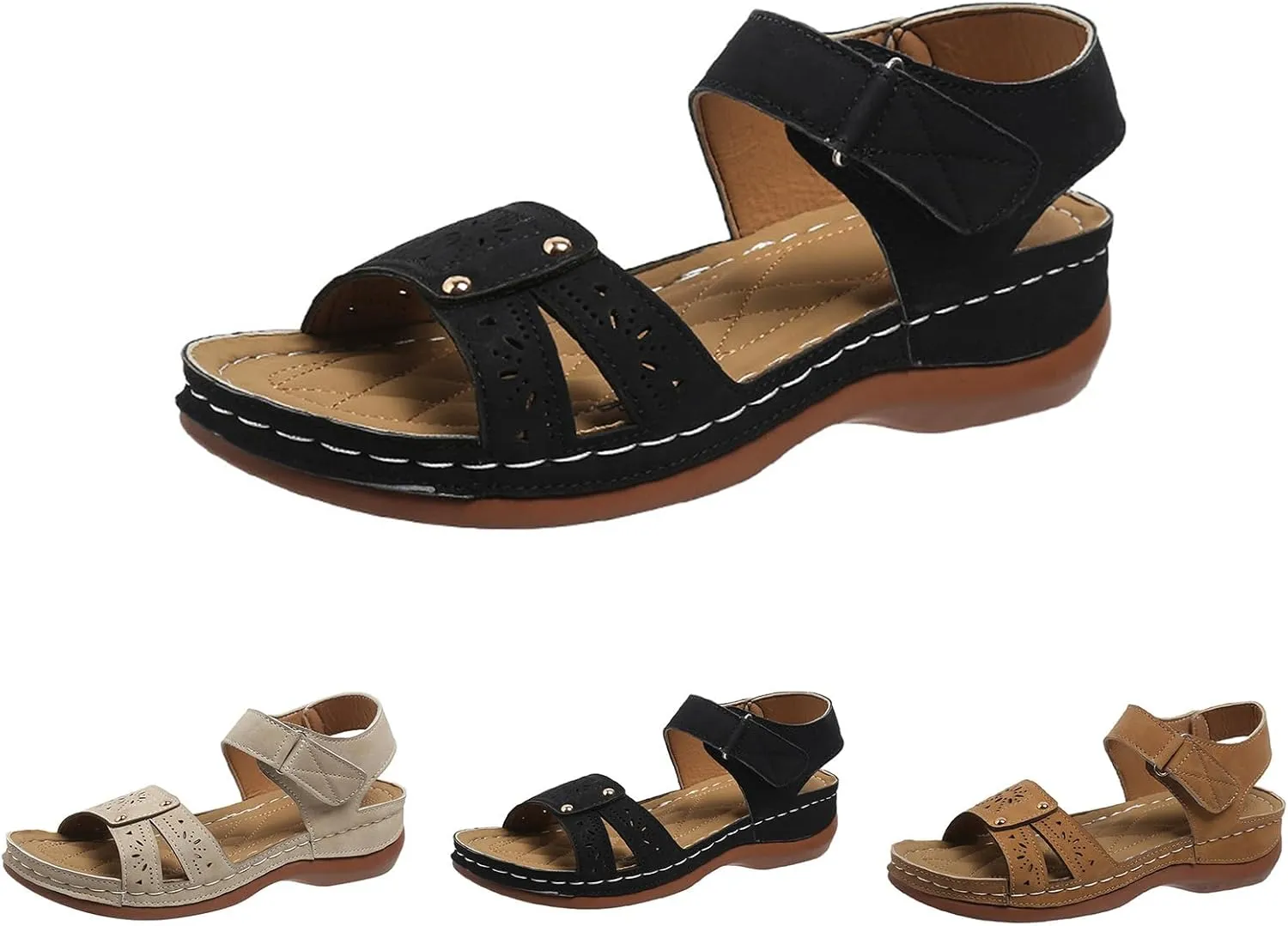 Women Comfortable Sandals Orthotic Walking Non Slip Sandals Breathable Cutout Soft Cushion Sandal With Adjustable Hook And Loop Fastener