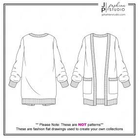 Women Oversized Cardigan Fashion Flat Sketch / Technical Drawings / Open Front Cardigan Sweater Sketch for Adobe Illustrator