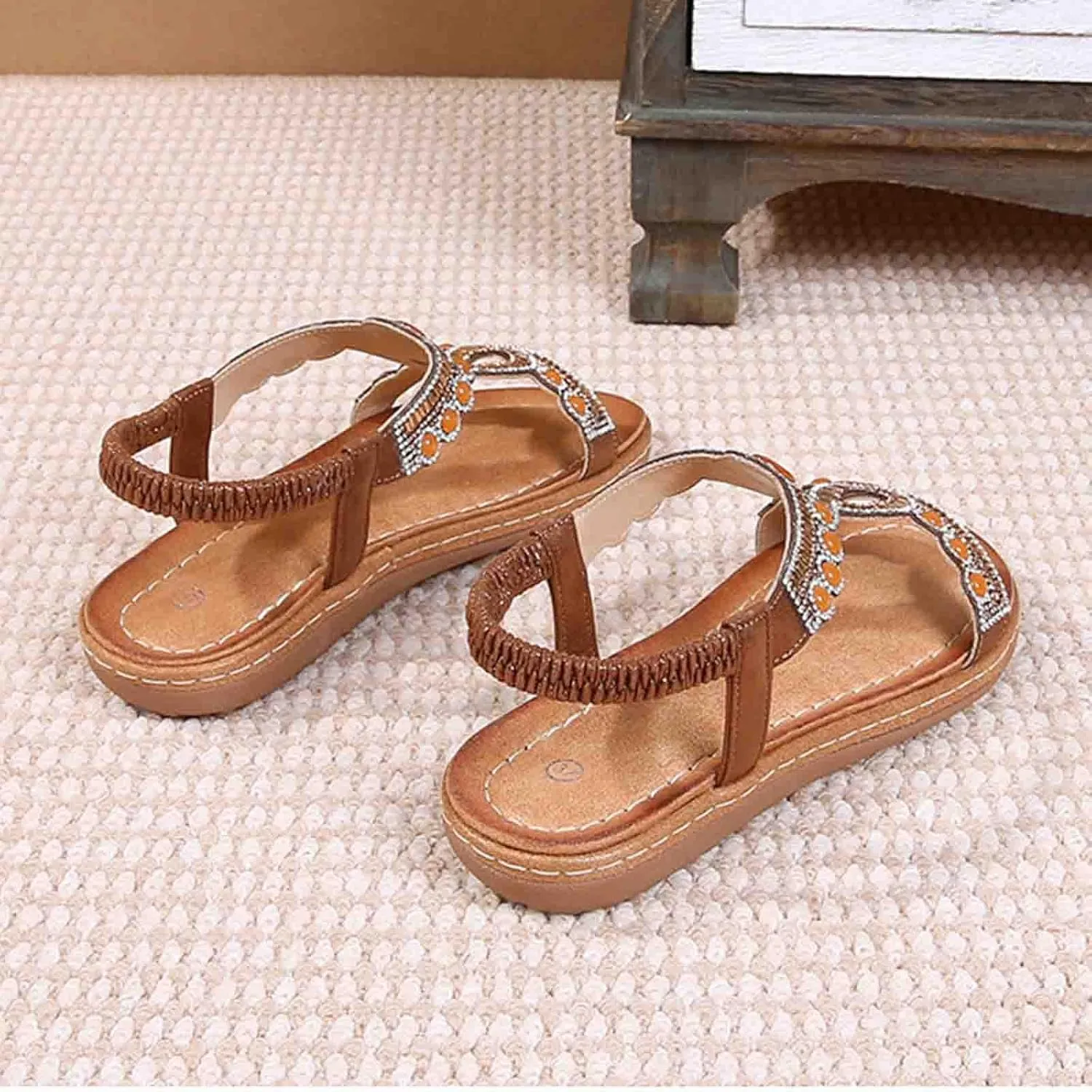 Women Rhinestone Sandals T-Strap Bohemian Pearl Crystal Flat Sandals Elastic Ankle Strap Summer Comfort Walking Shoes