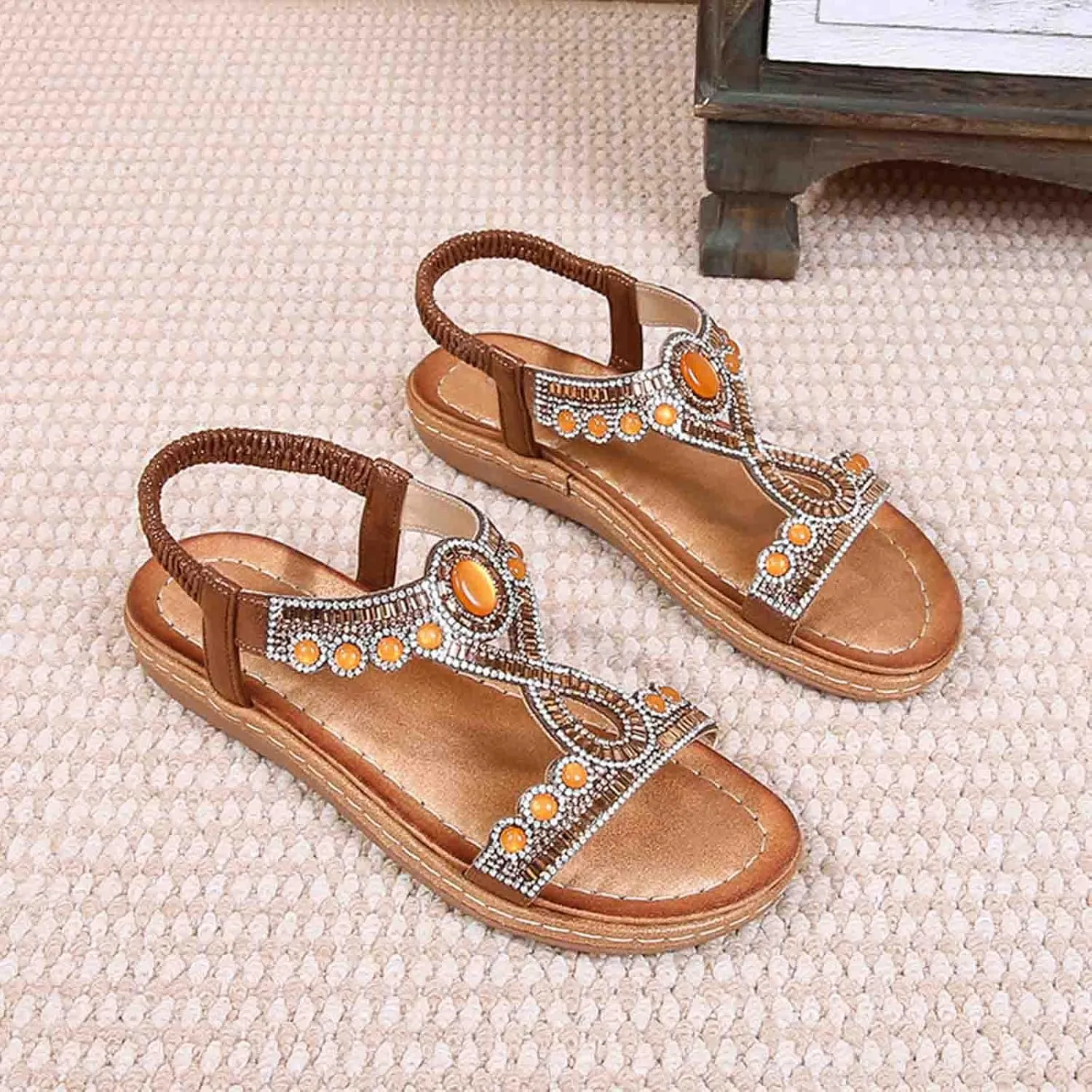Women Rhinestone Sandals T-Strap Bohemian Pearl Crystal Flat Sandals Elastic Ankle Strap Summer Comfort Walking Shoes
